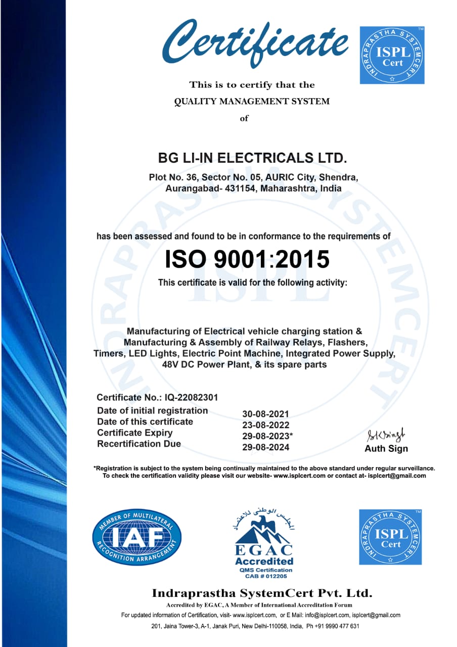 Certifications received by BG LI-IN Electricals Ltd.